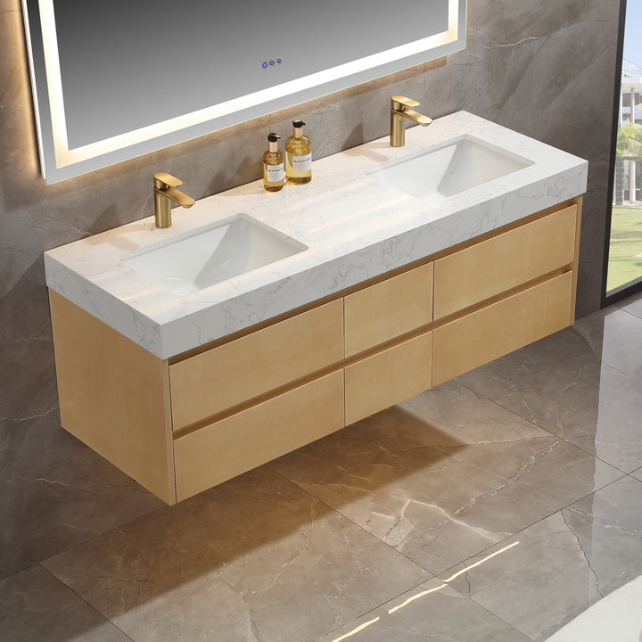 60'' Wall Mounted Double Bathroom Vanity with Engineered Stone Top - Modland