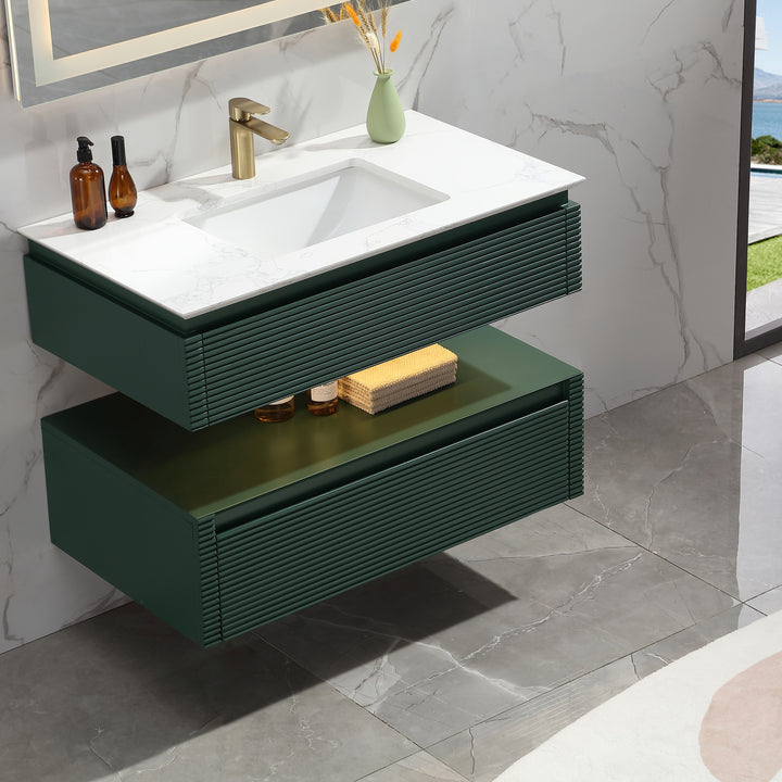 36'' Wall Mounted Single Bathroom Vanity with Engineered Stone Top - Modland