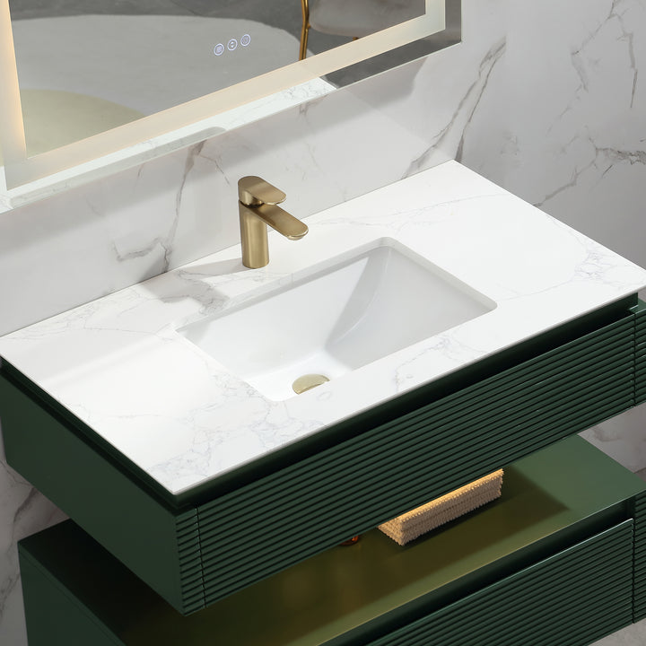 36'' Wall Mounted Single Bathroom Vanity with Engineered Stone Top - Modland