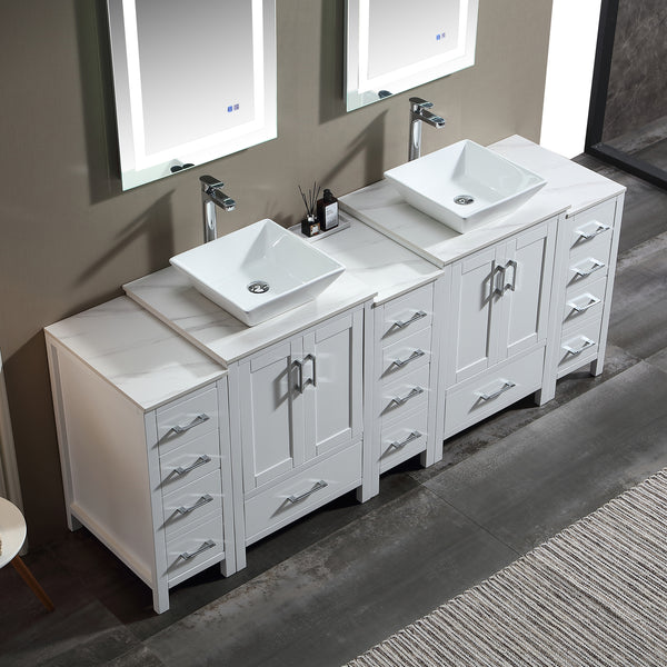 84'' Free Standing Double Bathroom Vanity with Vessel Sink and Engineered Stone Top - Modland