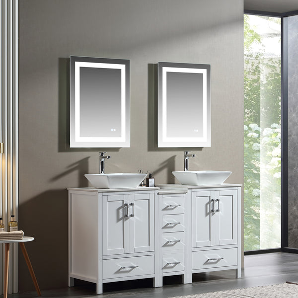60'' Free Standing Double Bathroom Vanity with Vessel Sink and Engineered Stone Top - Modland