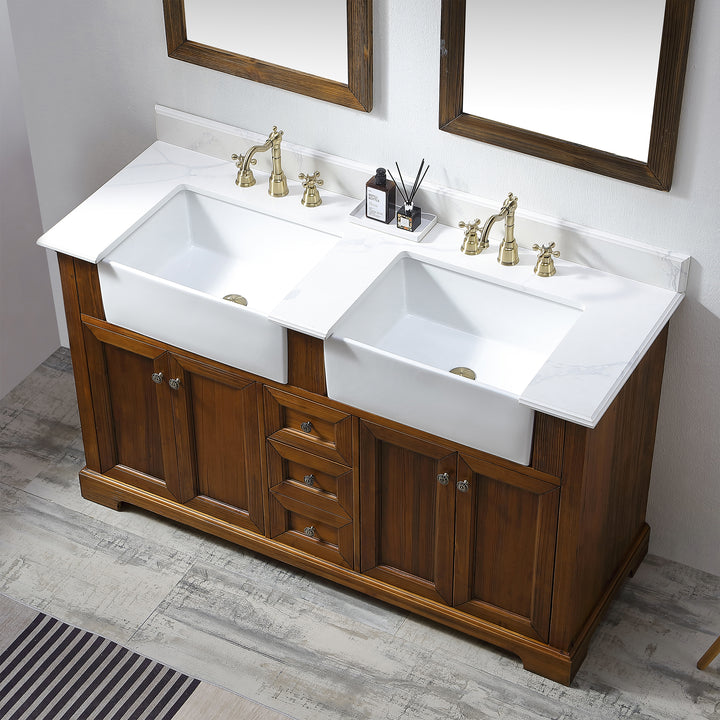 60'' Antique Freestanding Single Bathroom Vanity with Quartz Top - Modland