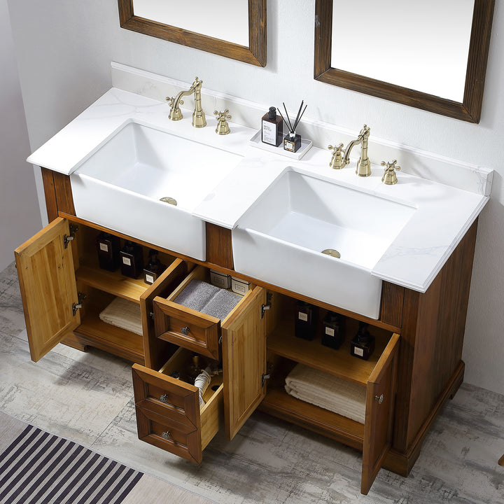 60'' Antique Freestanding Single Bathroom Vanity with Quartz Top - Modland