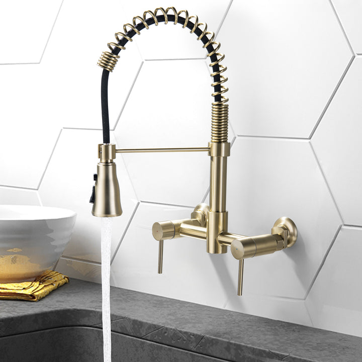 Wall Mounted Bridge Kitchen Faucet With 3 Function Sprayer And Spring Spout - Modland