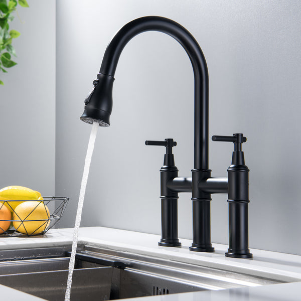 3-Function Pull Out/Down Bridge Kitchen Faucet With Dual Handle