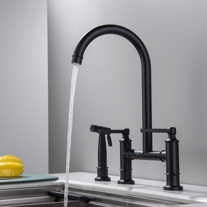 Double Handle High-Arc Bridge Kitchen Faucet With Side Spray - Modland