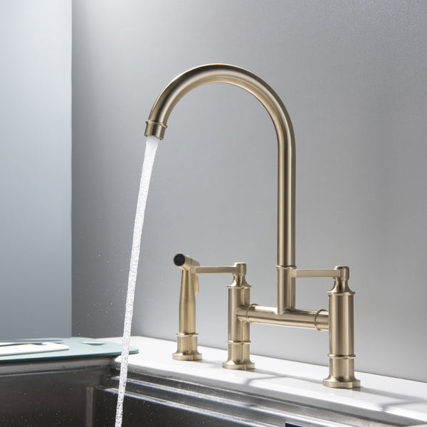 Double Handle High-Arc Bridge Kitchen Faucet With Side Spray - Modland