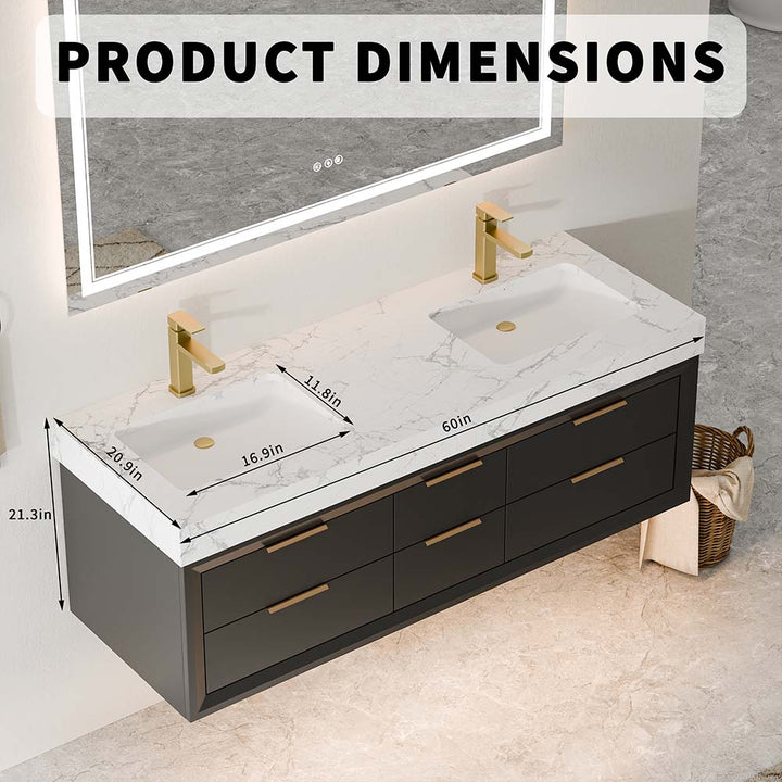 60 inch double sink bathroom vanity with detailed dimensions