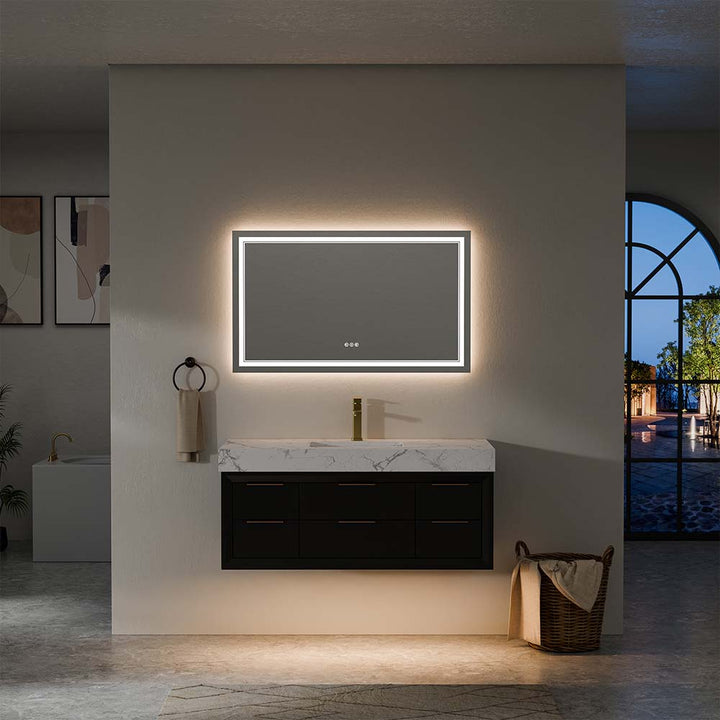 Wall-mounted 60-inch vanity with LED mirror in night setting