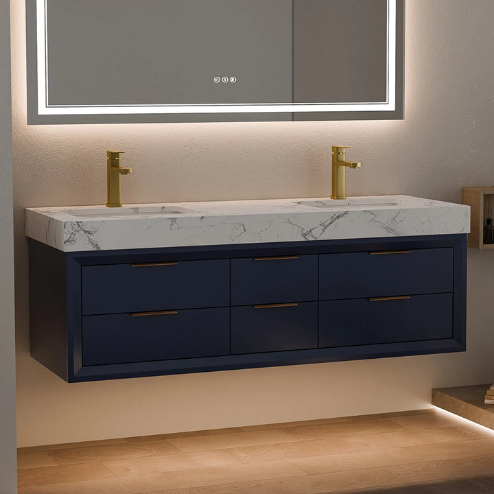60 inch blue solid wood floating vanity double sink angle view