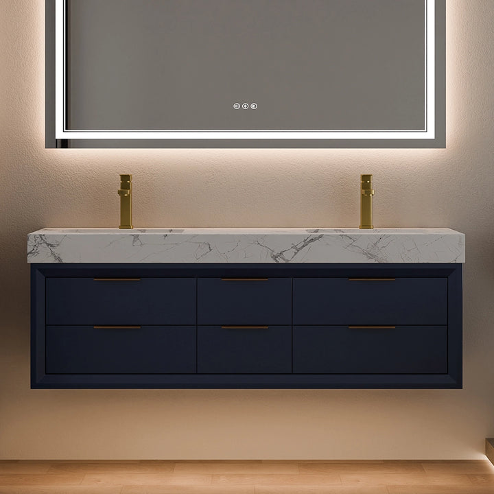 60 inch blue solid wood floating vanity with double sinks front view