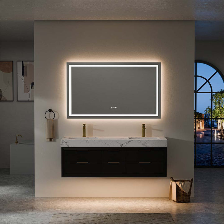 60-inch double sink vanity with LED mirror in night setting