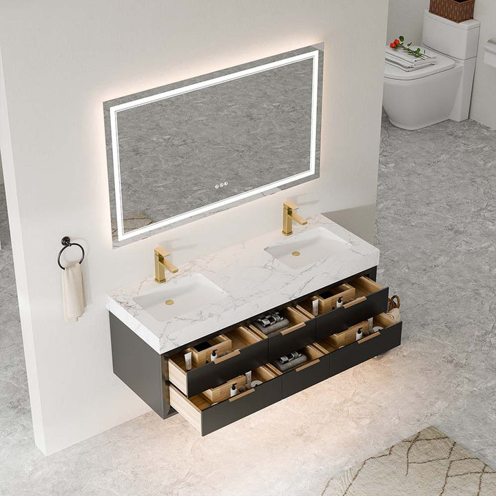 Top view of 60-inch double sink vanity with open storage drawers