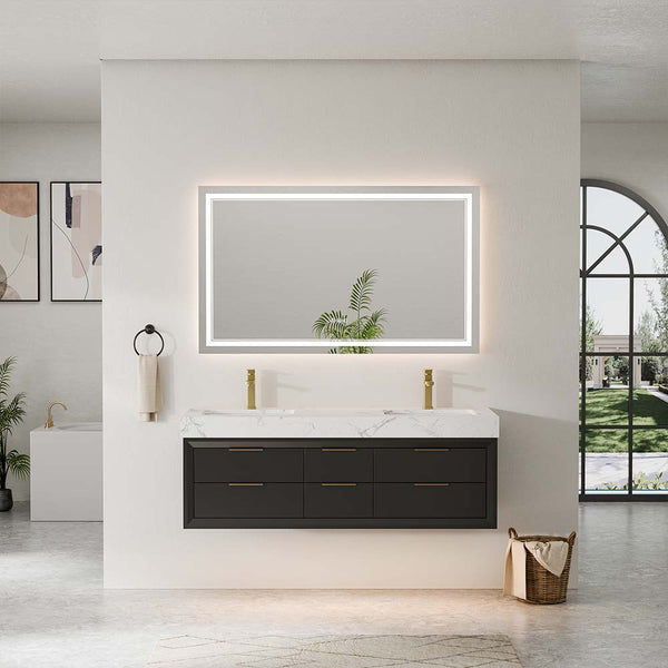 Wall-mounted 60-inch double sink bathroom vanity with LED mirror