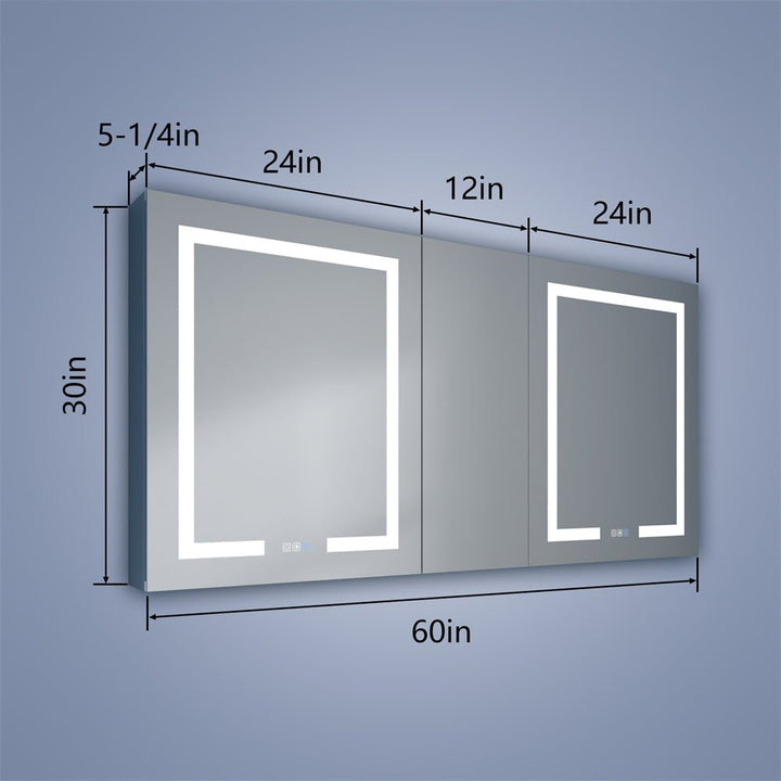 LED medicine cabinet with dimensions 42″×36″×5″ annotated