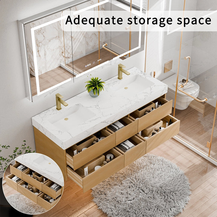 60 inch maple floating bath vanity with six drawers for ample storage space