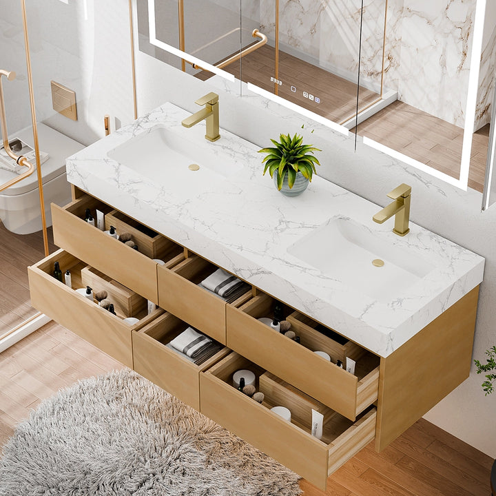 60 inch maple floating bath vanity double sink with open drawers
