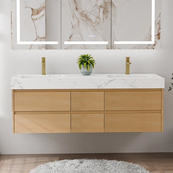 60 inch maple floating bath vanity double sink wall mounted design