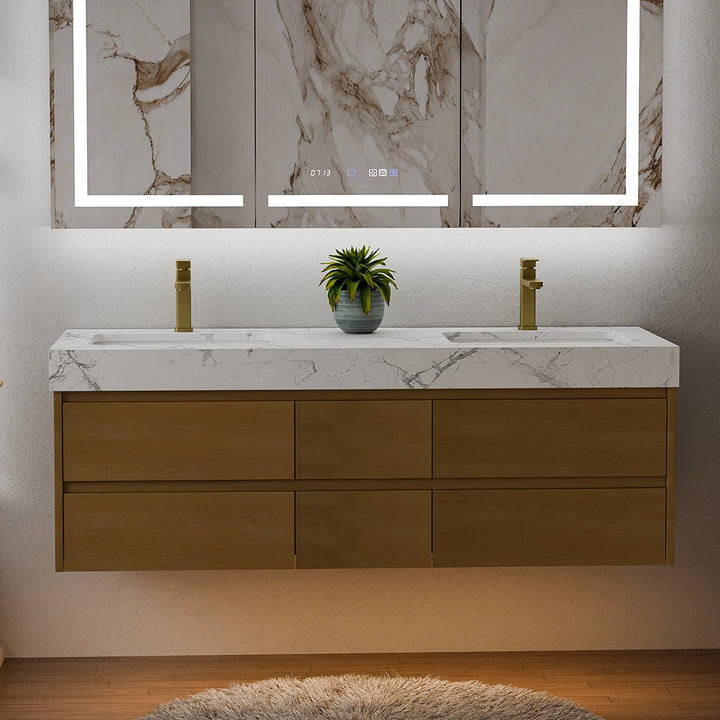 60 inch maple floating bath vanity double sink with LED light design