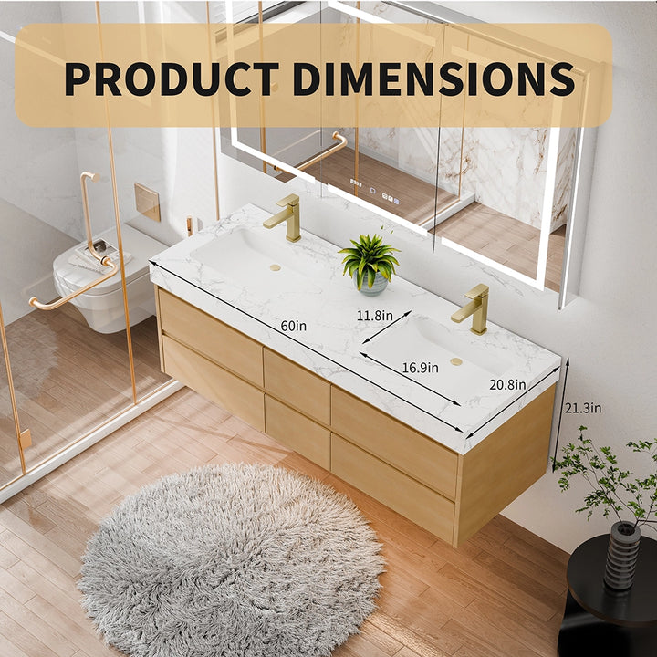 60 inch maple floating bath vanity product dimensions top view