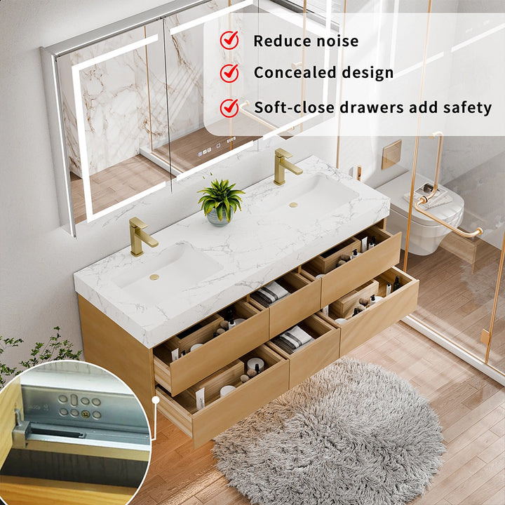 60 inch maple floating bath vanity with soft close concealed drawers