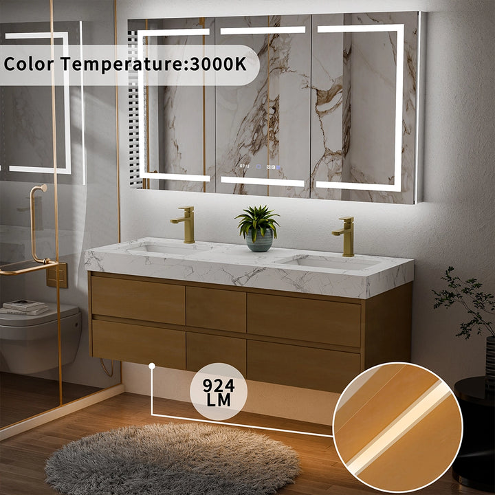 60 inch maple floating bath vanity with built in 3000k ambient lighting