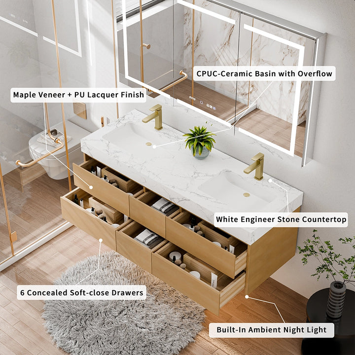 60 inch maple floating bath vanity with ceramic basin and LED night light