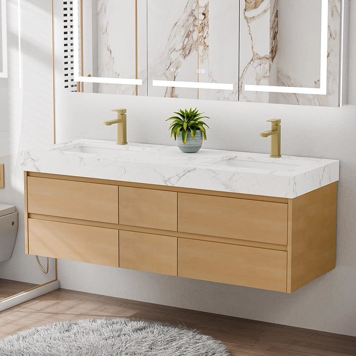 60 inch maple floating bath vanity with double faucet modern design