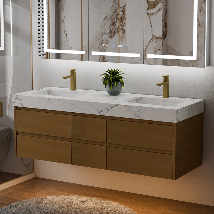 60 inch maple floating bath vanity with dual sinks and LED lighting