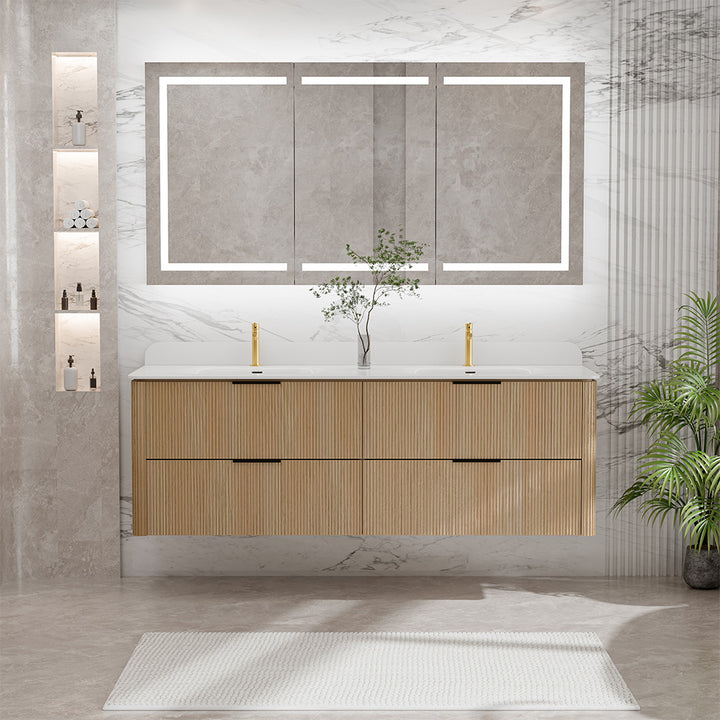 60 inch oaken wall mounted bathroom vanity