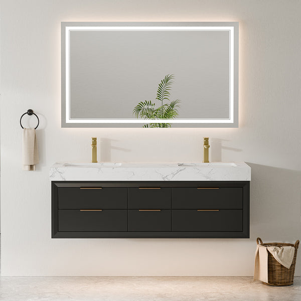 60 inch solid wood floating vanity black bathroom cabinet