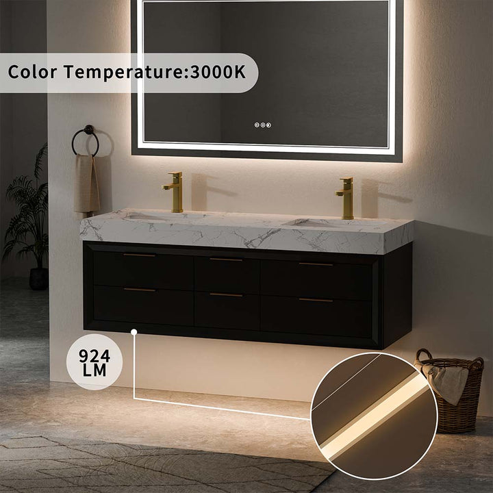 Warm 3000K ambient lighting with 924 lumens under vanity