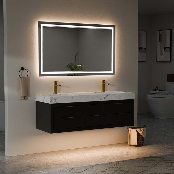 Wall-mounted double sink vanity with LED mirror in warm lighting