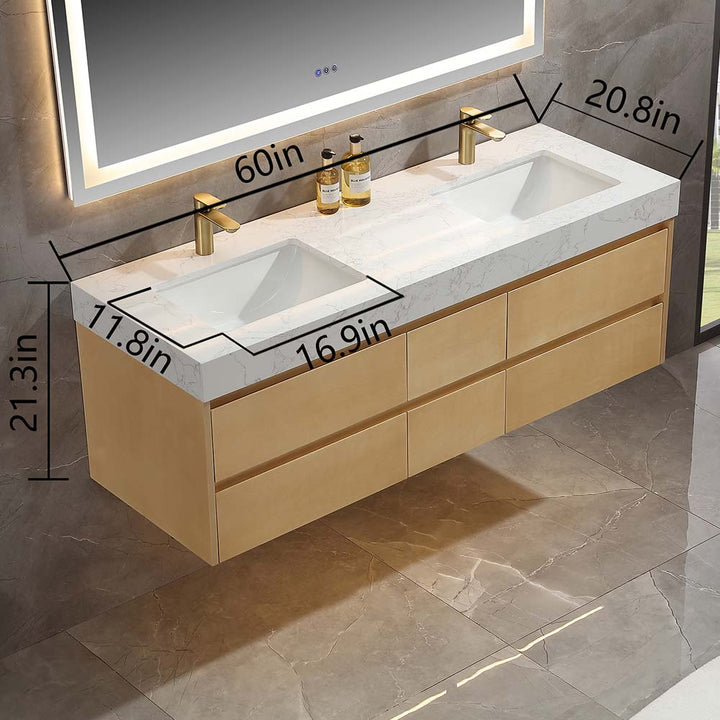 60-inch double vanity with LED lighting, marble countertop, and two sinks