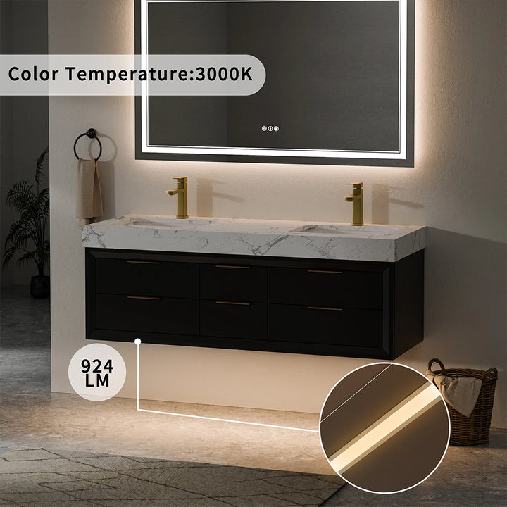 60 inch black floating vanity with 3000K ambient lighting feature