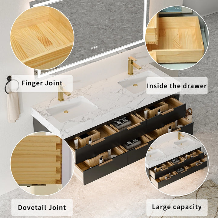 60 inch black floating vanity drawer details finger dovetail joints