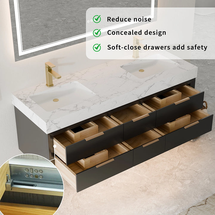 60 inch black floating vanity soft close concealed drawer slides