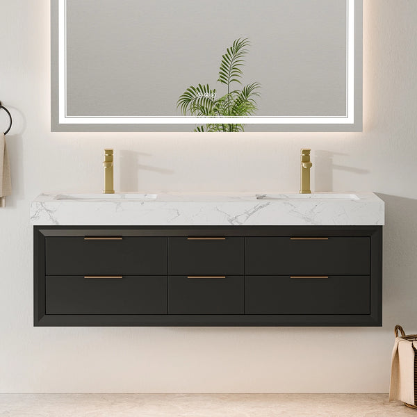 60 inch black solid wood floating bathroom vanity with double sink