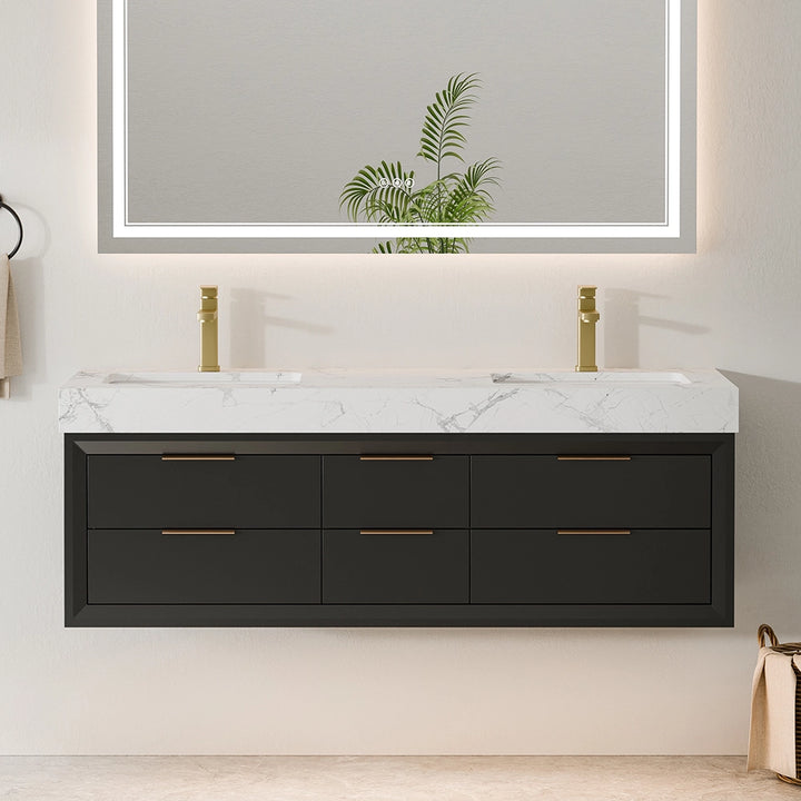 60 inch black solid wood floating bathroom vanity with double sink