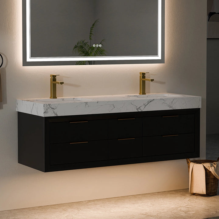 60 inch black solid wood floating vanity with double sink angle view