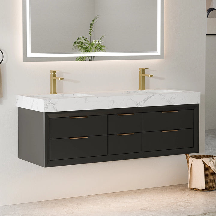 60 inch black solid wood floating bathroom vanity with double sinks