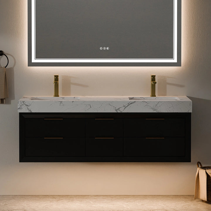 60 inch black solid wood floating vanity with double sink front view