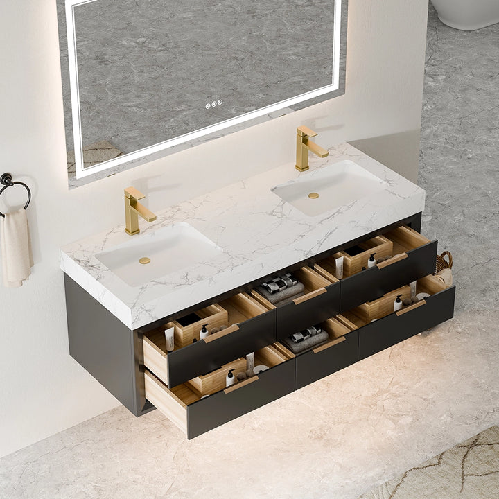 60 inch black solid wood floating vanity with open storage drawers