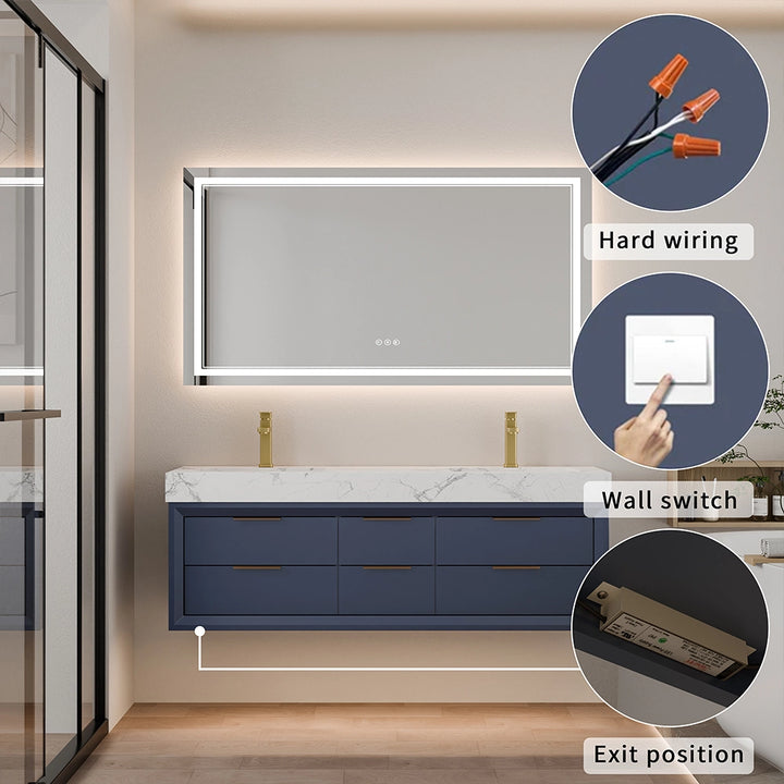 60 inch blue floating vanity hard wiring wall switch and power exit
