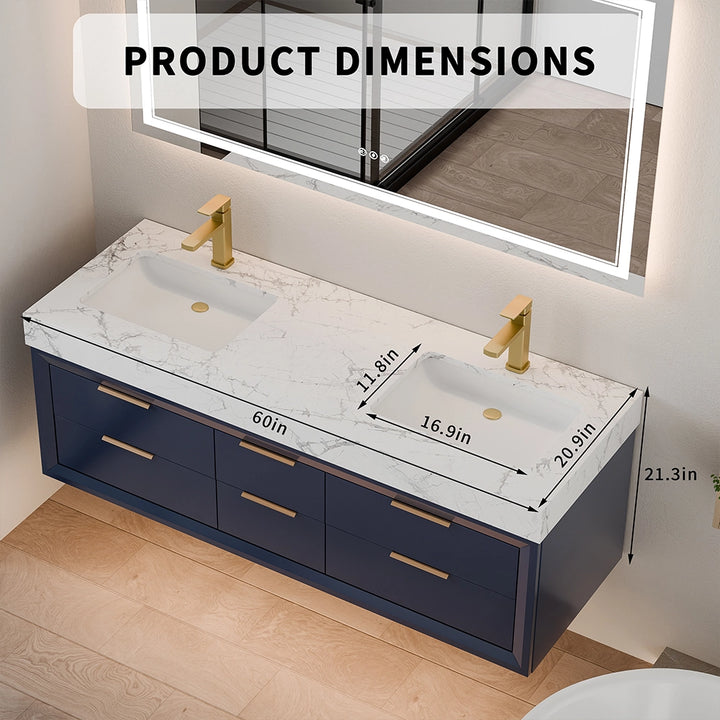 60 inch blue floating vanity with detailed product dimensions shown