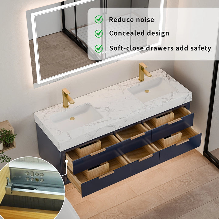 60 inch blue floating vanity with soft close drawers and quiet design