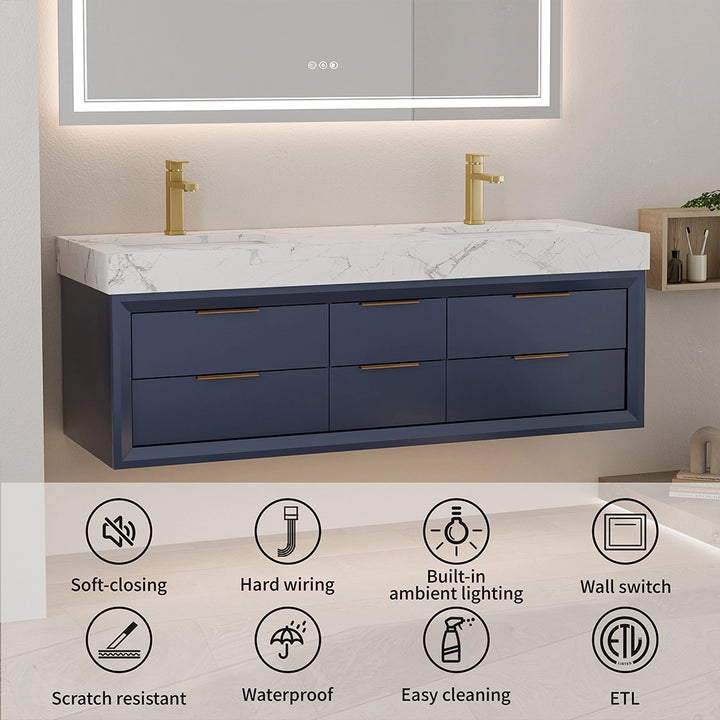 60 inch blue floating vanity with soft closing waterproof ETL features