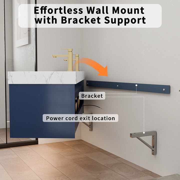 60 inch blue floating vanity wall mount bracket and power cord exit