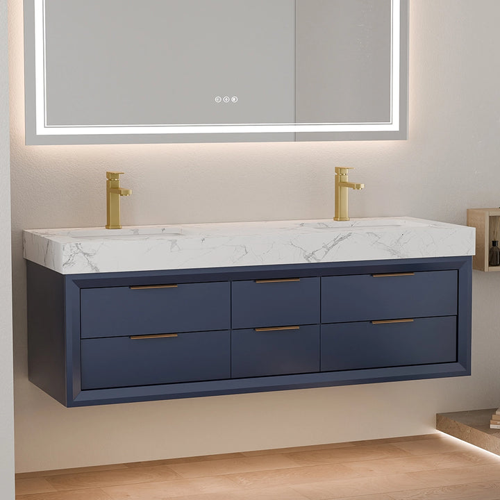 60 inch blue solid wood floating vanity with double sinks