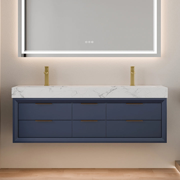 60 inch blue solid wood floating vanity with double sinks